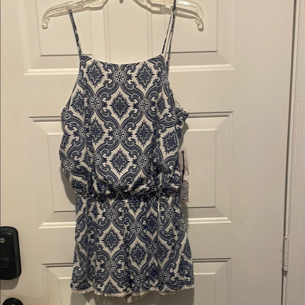 Bisou Bisou Blue and White Patterned Romper